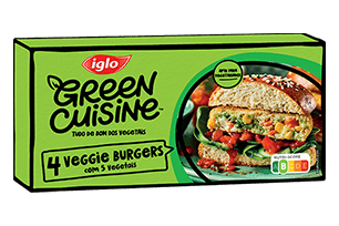 Embalagem 4 veggie burgers com 5 vegetais Green Cuisine