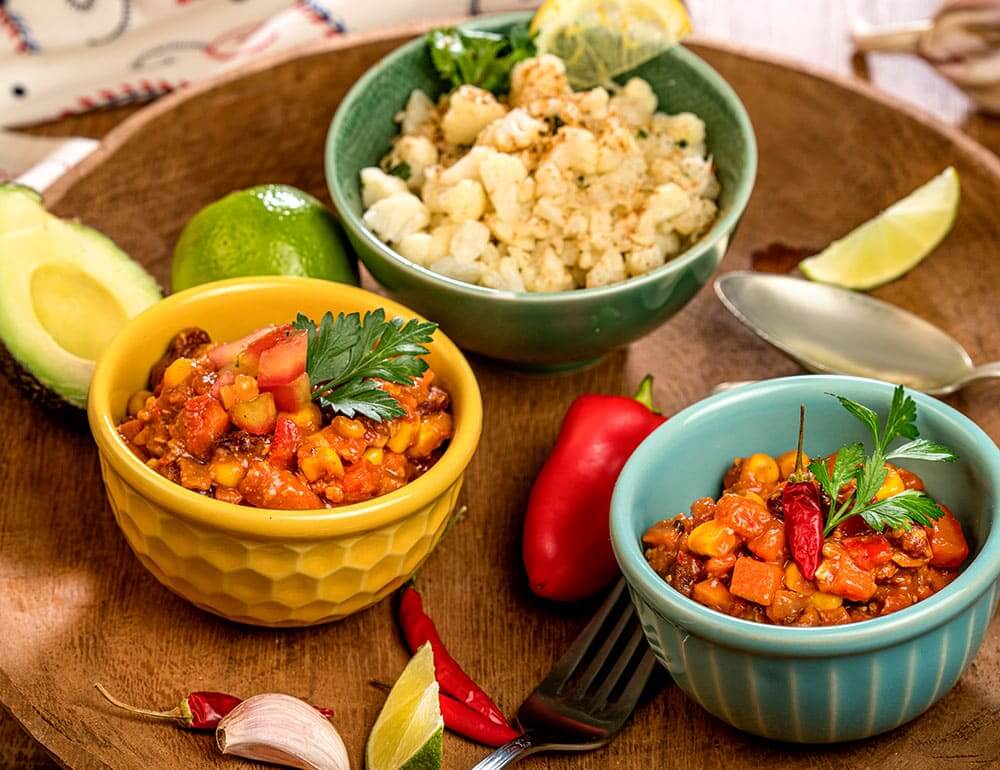 Chili sin carne com arroz branco ou arroz de couve-flor