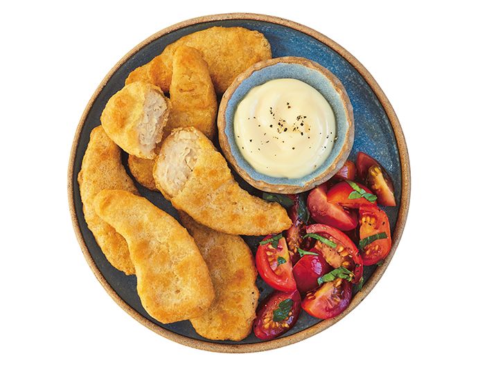 Chicken-free Nuggets de Polme Americano com molho de iogurte